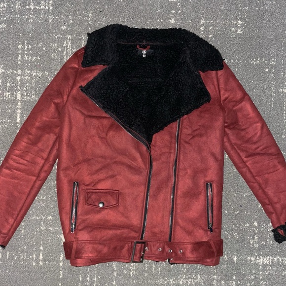 MISSGUIDED faux suede shearling burgundy and black biker Moto aviator jacket - Picture 3 of 4